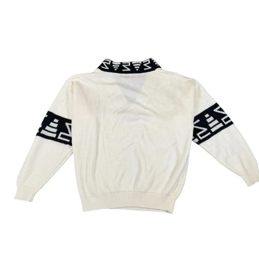 Vintage Code Zero Intensity Sweater White Black V-Neck Geometric Knit Mens Small